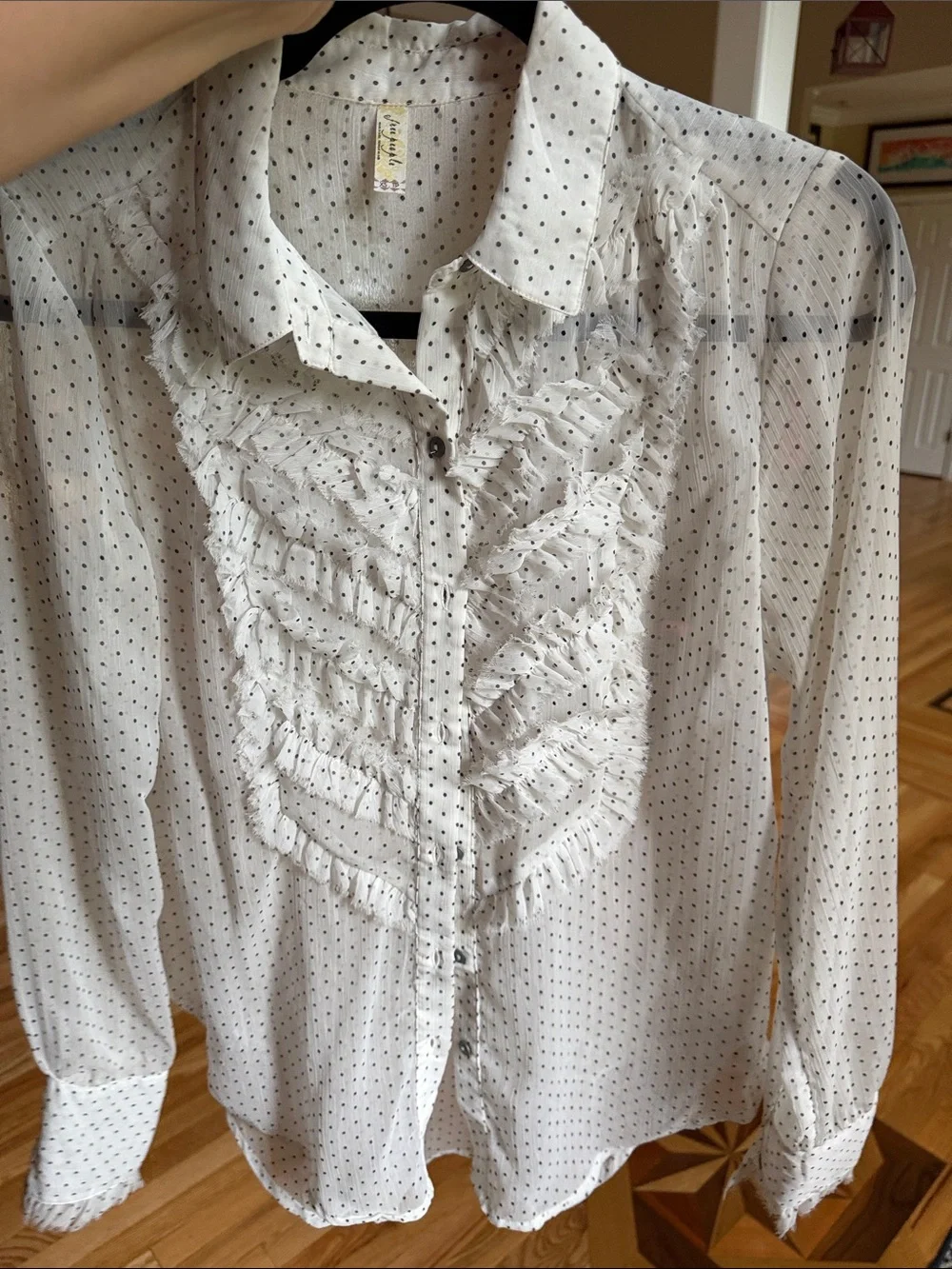 Free People White Polka Dot Ruffle Button-Down sheer Shirt